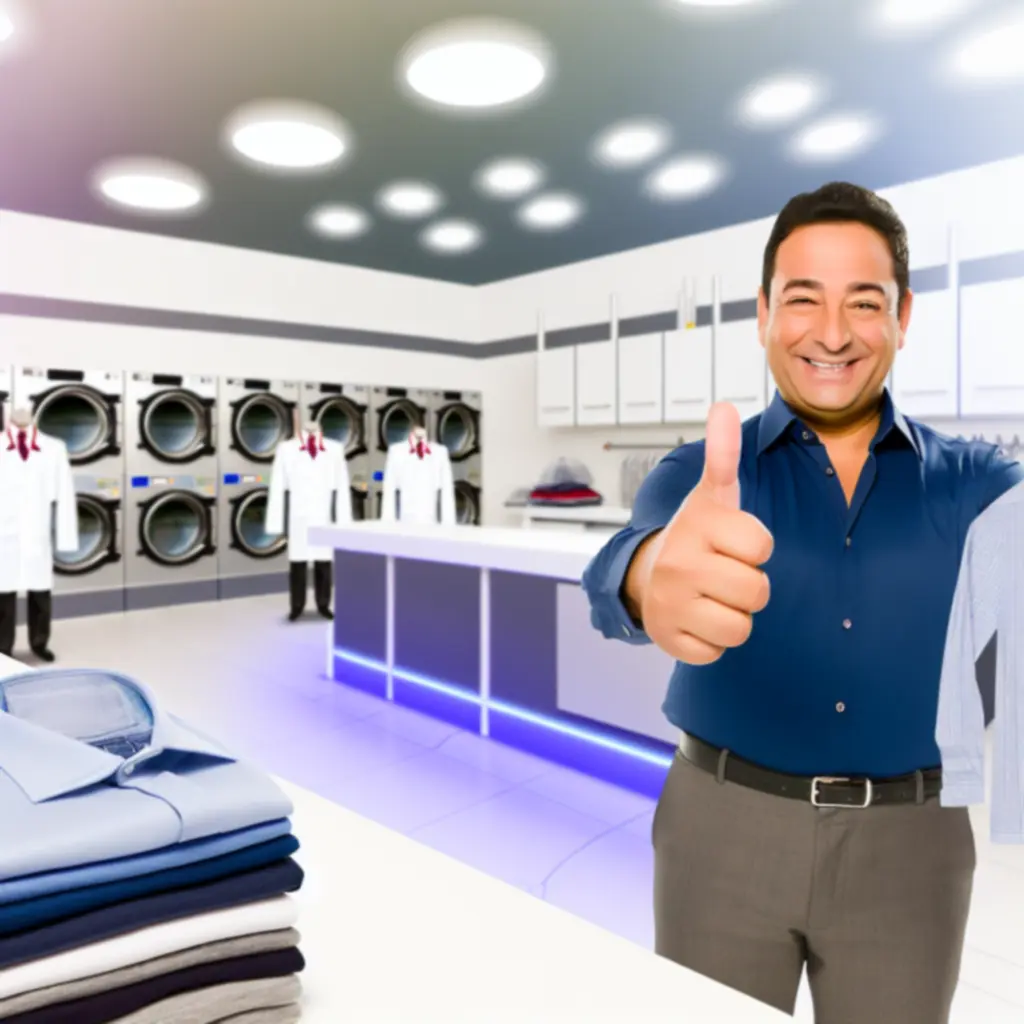 Mosolygó ügyfél a tisztán visszakapott ruháival a DryCleanService üzletében.