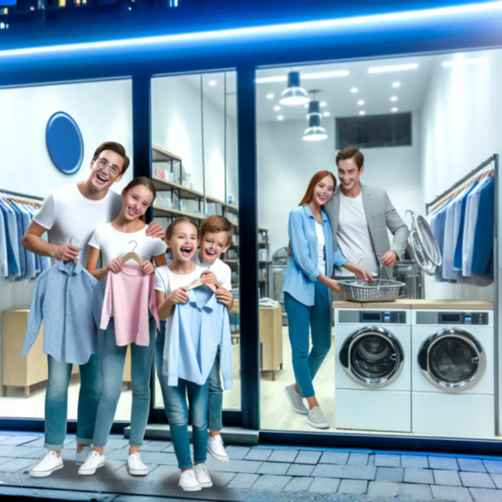 Fiatal család tisztára mosott ruhákkal otthoni környezetben.