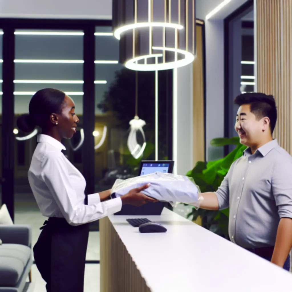 Futár tiszta ruhákat szállít házhoz védőhuzatban