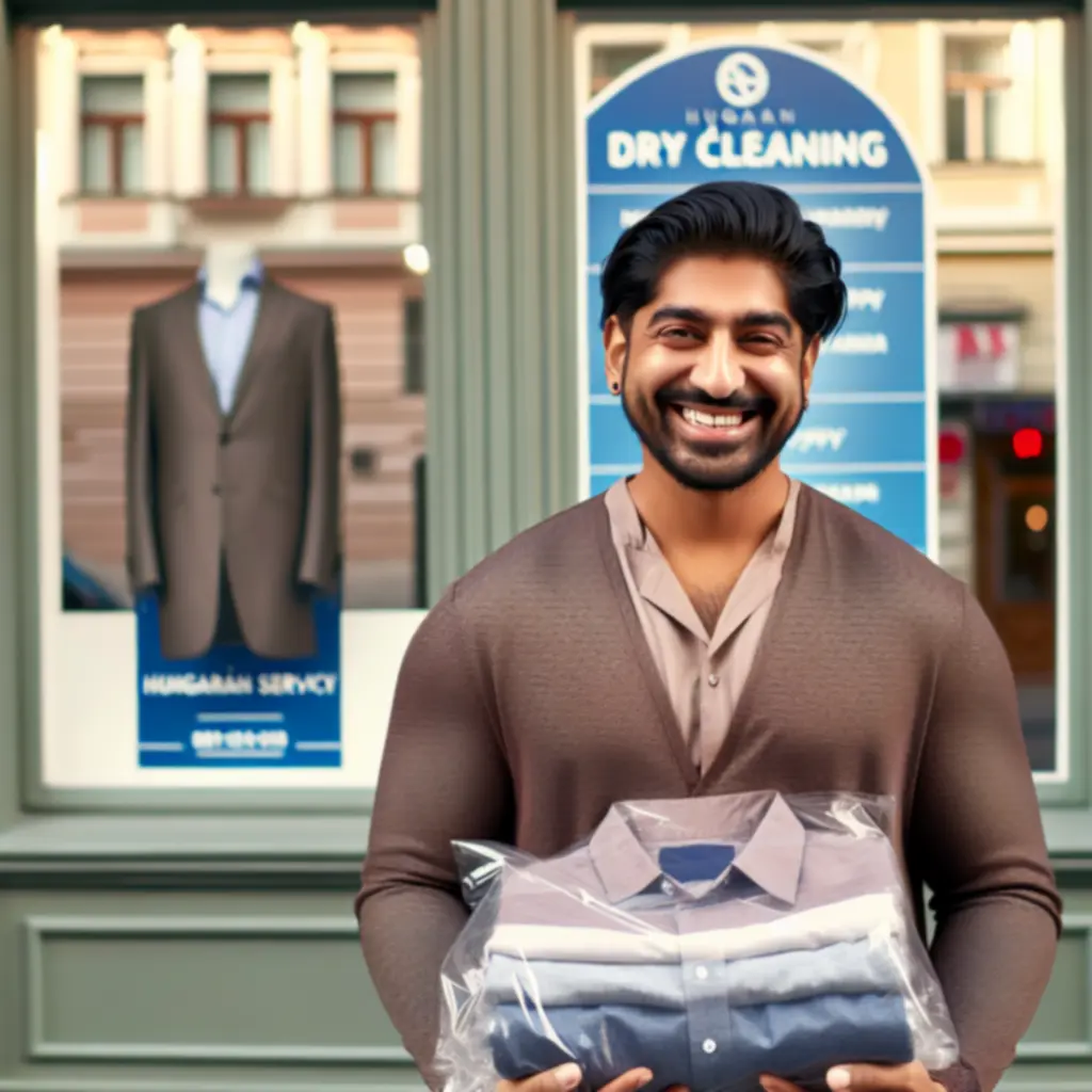 Elégedett DryCleanService ügyfél mosolyog, kezében frissen tisztított ruhákkal.
