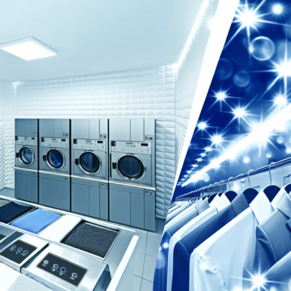 Modern vegytisztító üzem berendezésekkel és tiszta ruhákkal