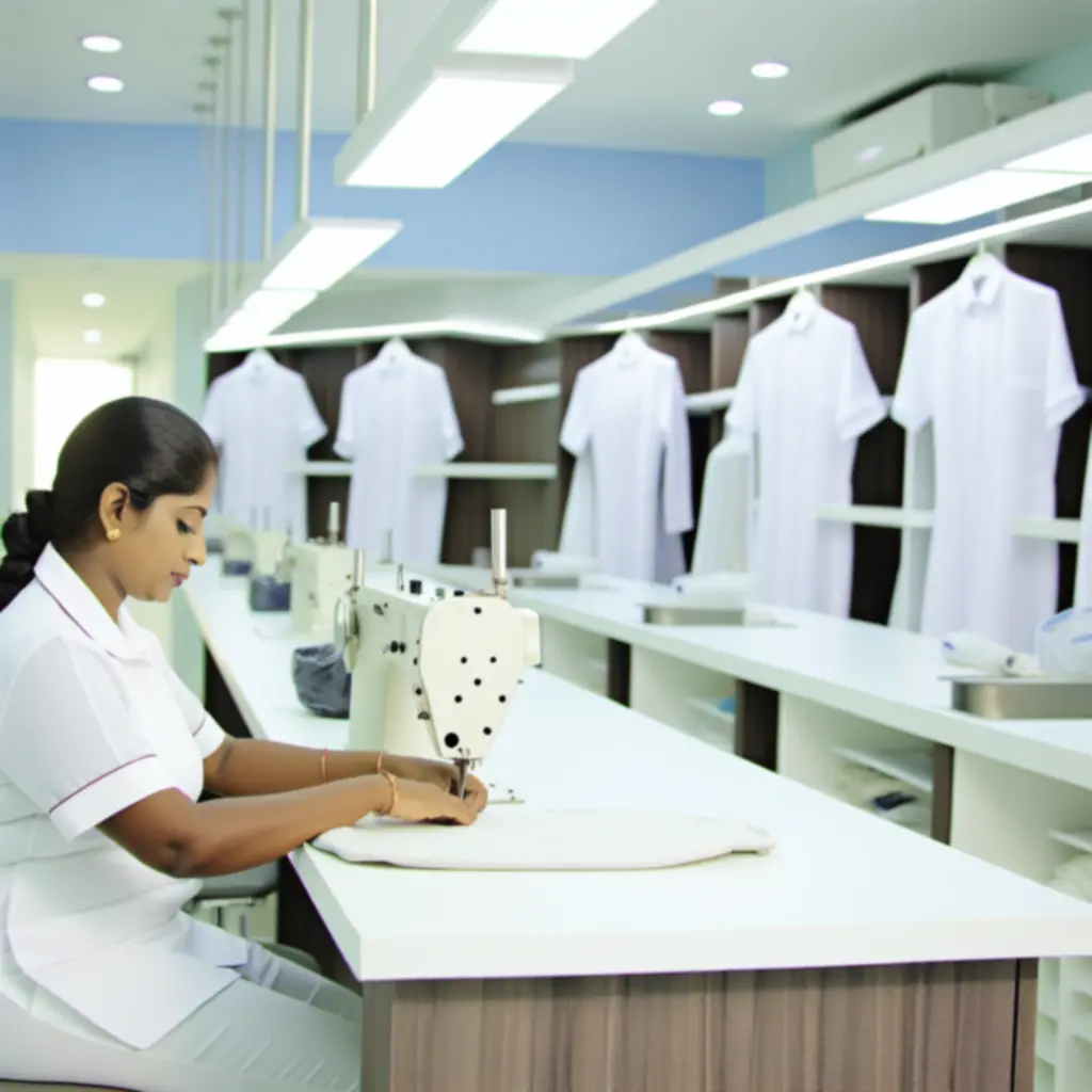 Varrónő ruhajavítást végez egy tiszta, modern műhelyben