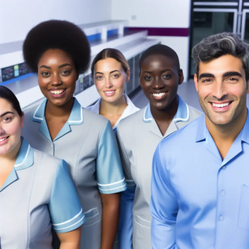 Mosolygó, szakképzett ruhatisztító csapat modern környezetben.